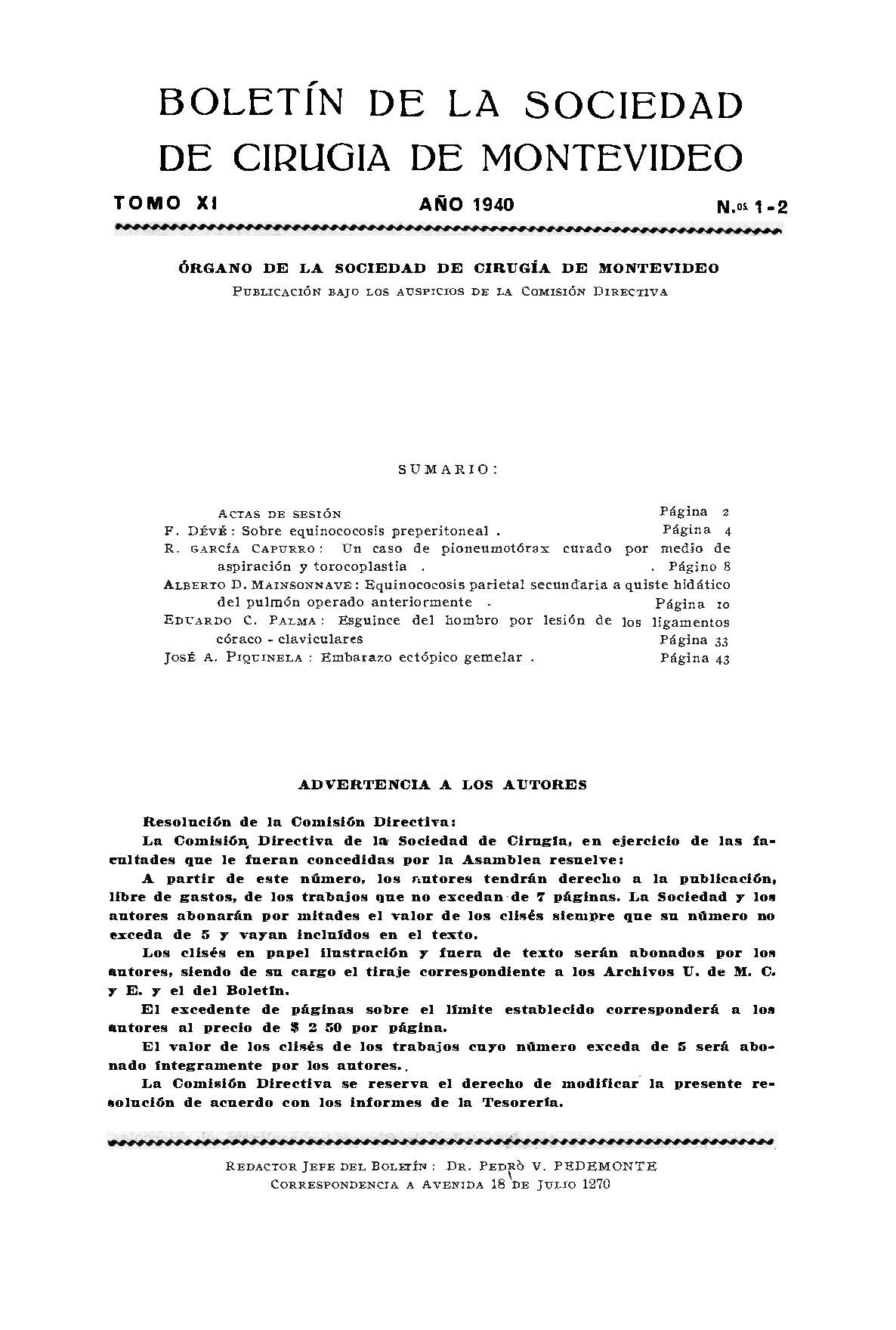 					View Vol. 11 No. 1-2 (1940): Revista Cirugía del Uruguay
				