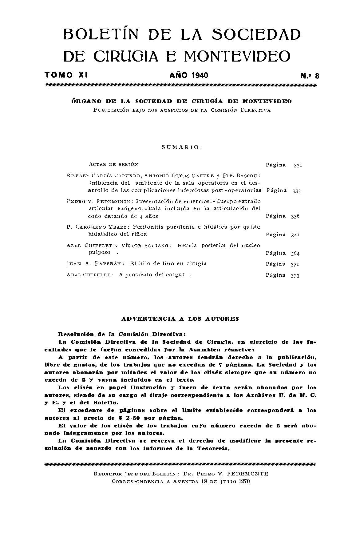 					View Vol. 11 No. 8 (1940): Boletín de la Sociedad de Cirugía de Montevideo
				