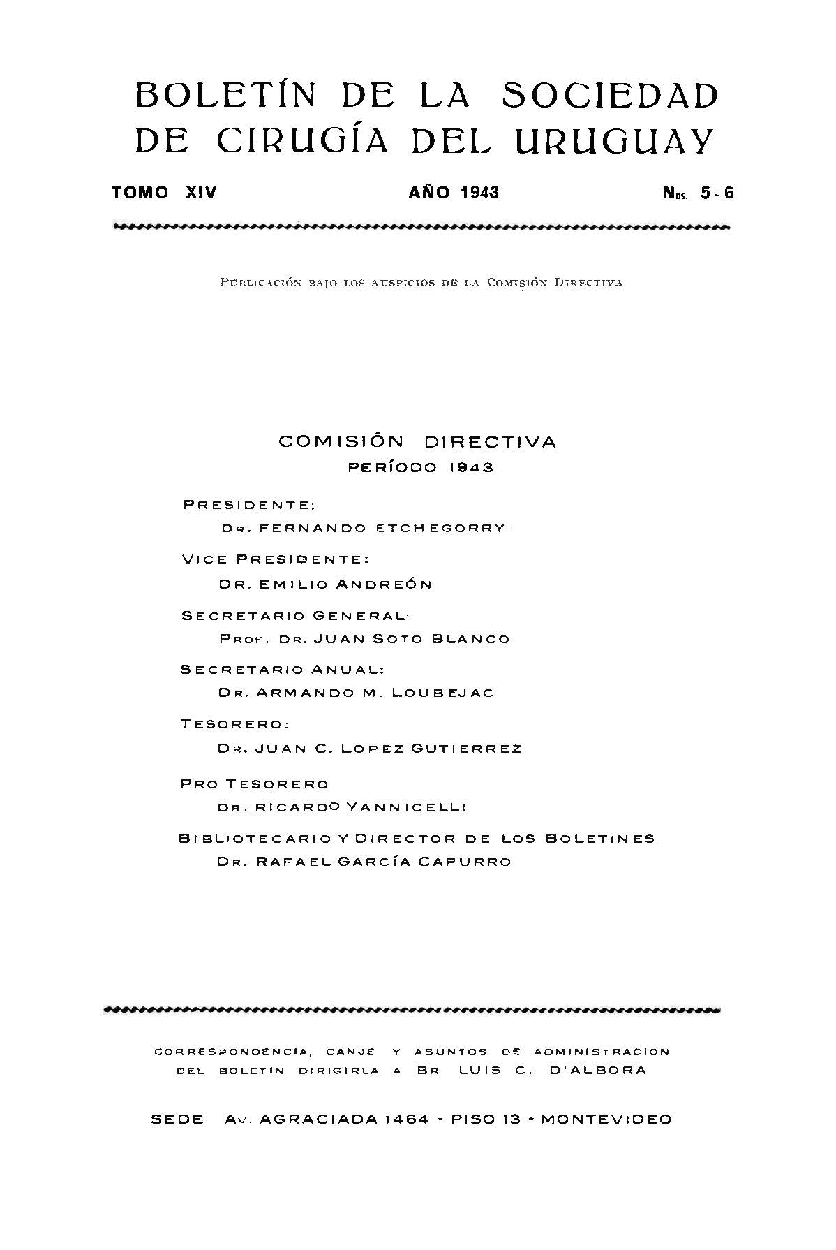 					View Vol. 14 No. 5-6 (1943): Boletín de la Sociedad de Cirugía del Uruguay
				