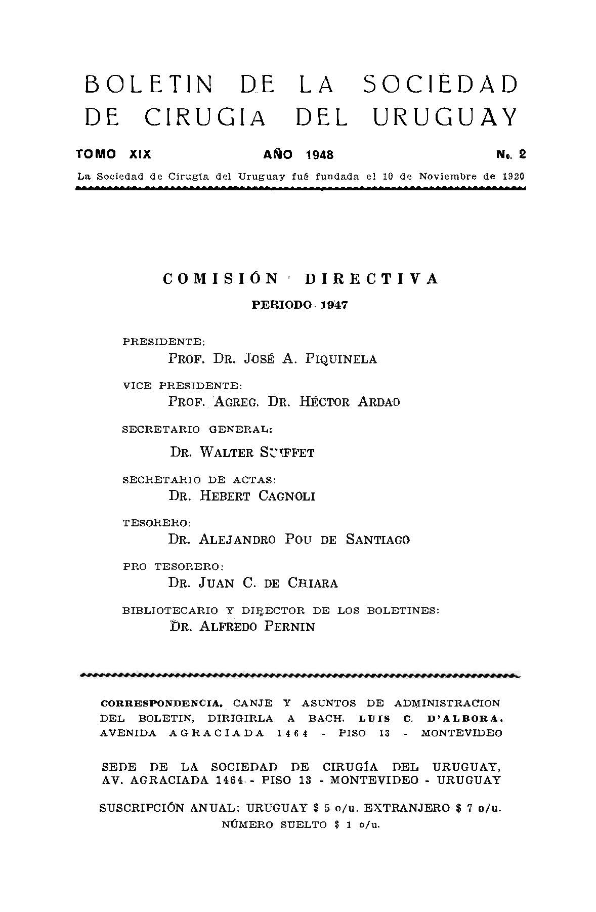 					View Vol. 19 No. 2 (1948): Boletín de la Sociedad de Cirugía del Uruguay
				