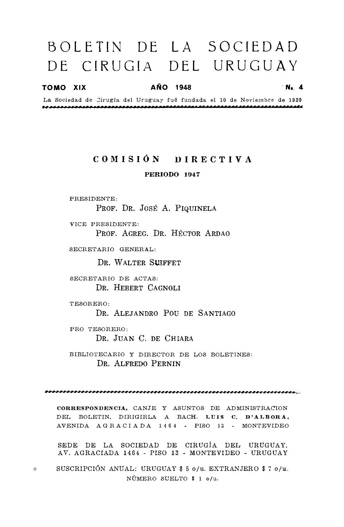 					View Vol. 19 No. 4 (1948): Boletín de la Sociedad de Cirugía del Uruguay
				
