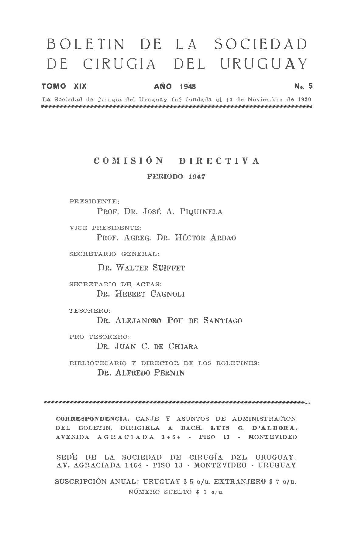 					View Vol. 19 No. 5 (1948): Boletín de la Sociedad de Cirugía del Uruguay
				