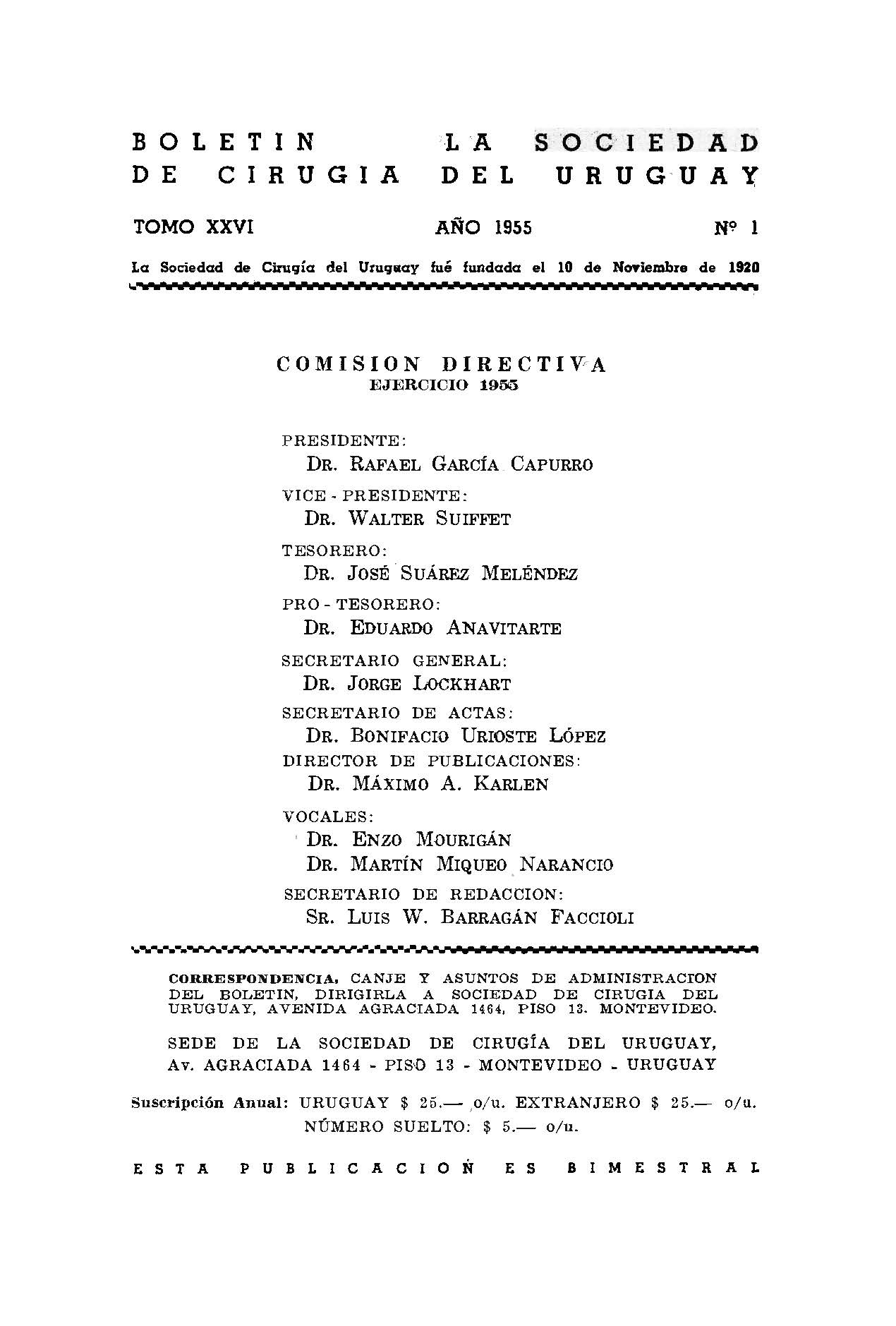 					View Vol. 26 No. 1 (1955): Boletín de la Sociedad de Cirugía del Uruguay
				
