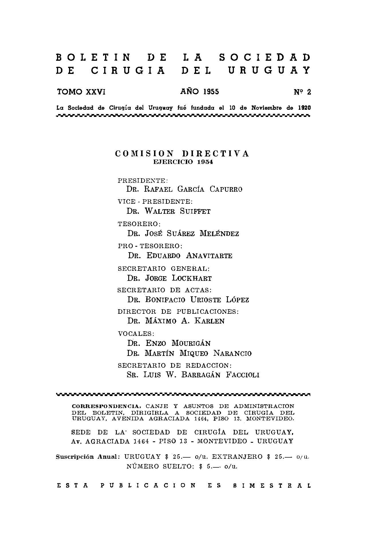 					View Vol. 26 No. 2 (1955): Boletín de la Sociedad de Cirugía del Uruguay
				