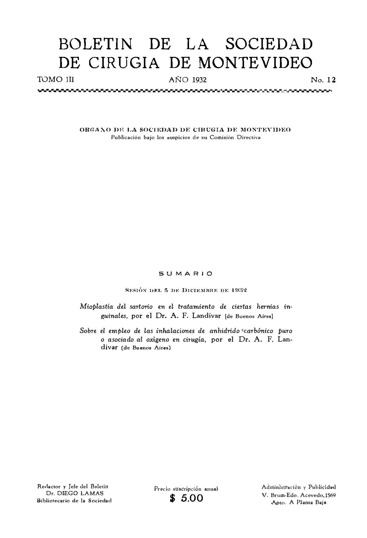					View Vol. 3 No. 12 (1932): Revista Cirugía del Uruguay
				