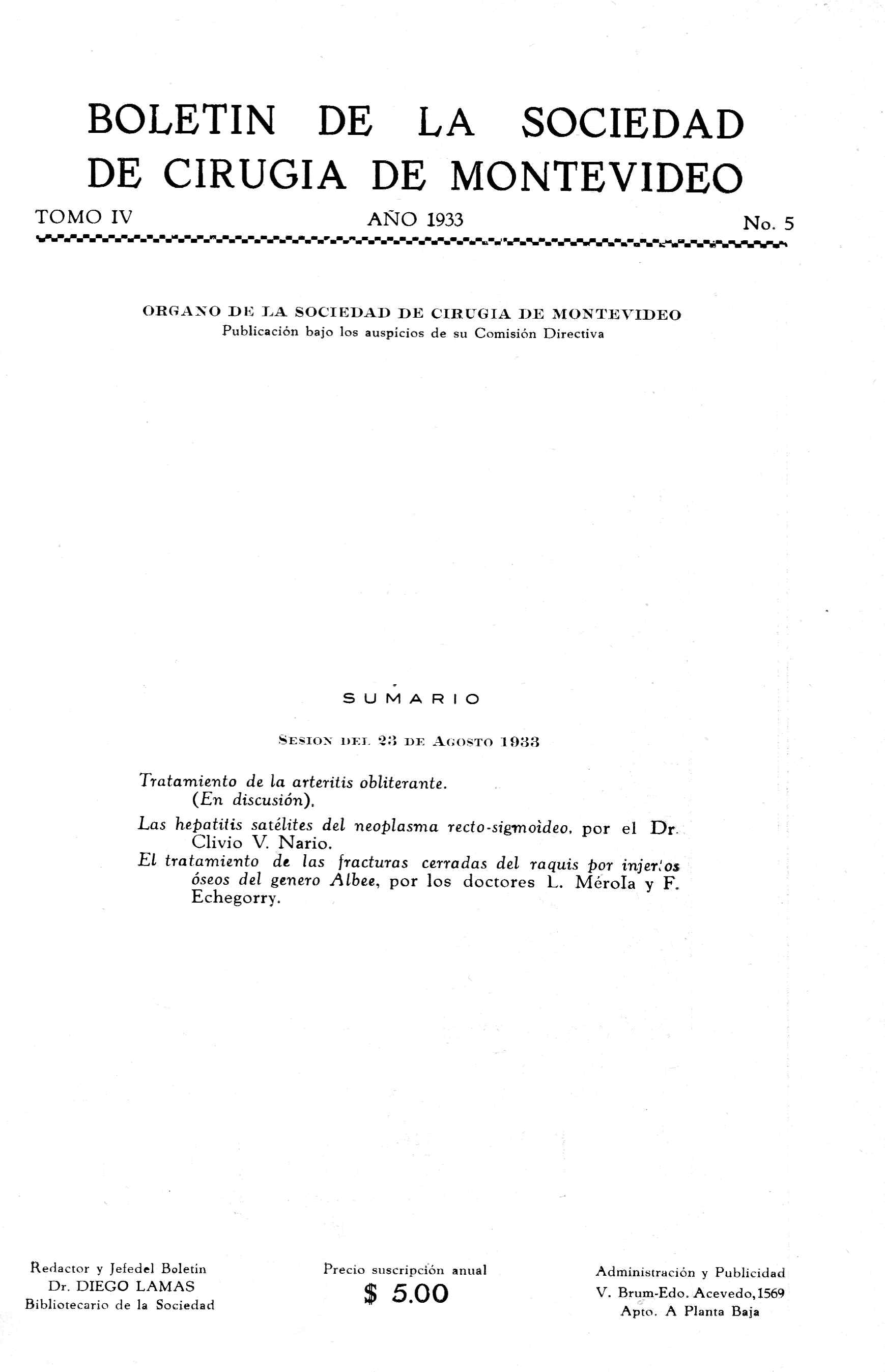 					View Vol. 4 No. 5 (1933): Revista Cirugía del Uruguay
				
