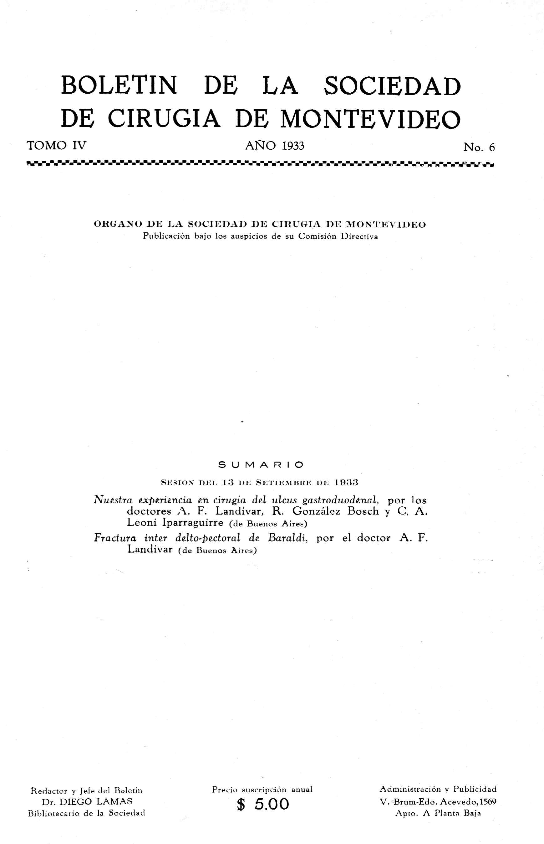 					View Vol. 4 No. 6 (1933): Revista Cirugía del Uruguay
				