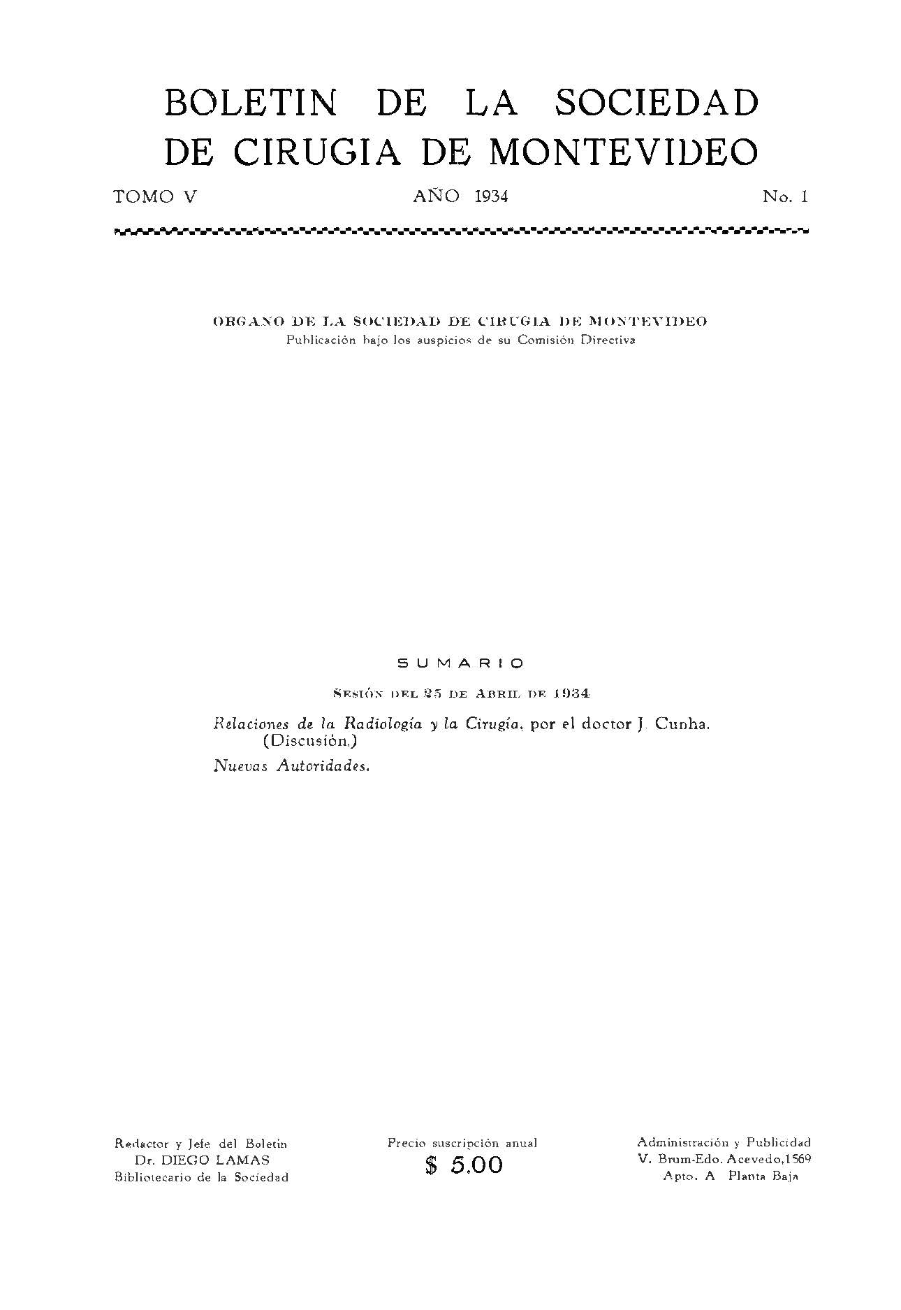 					View Vol. 5 No. 1 (1934): Revista Cirugía del Uruguay
				