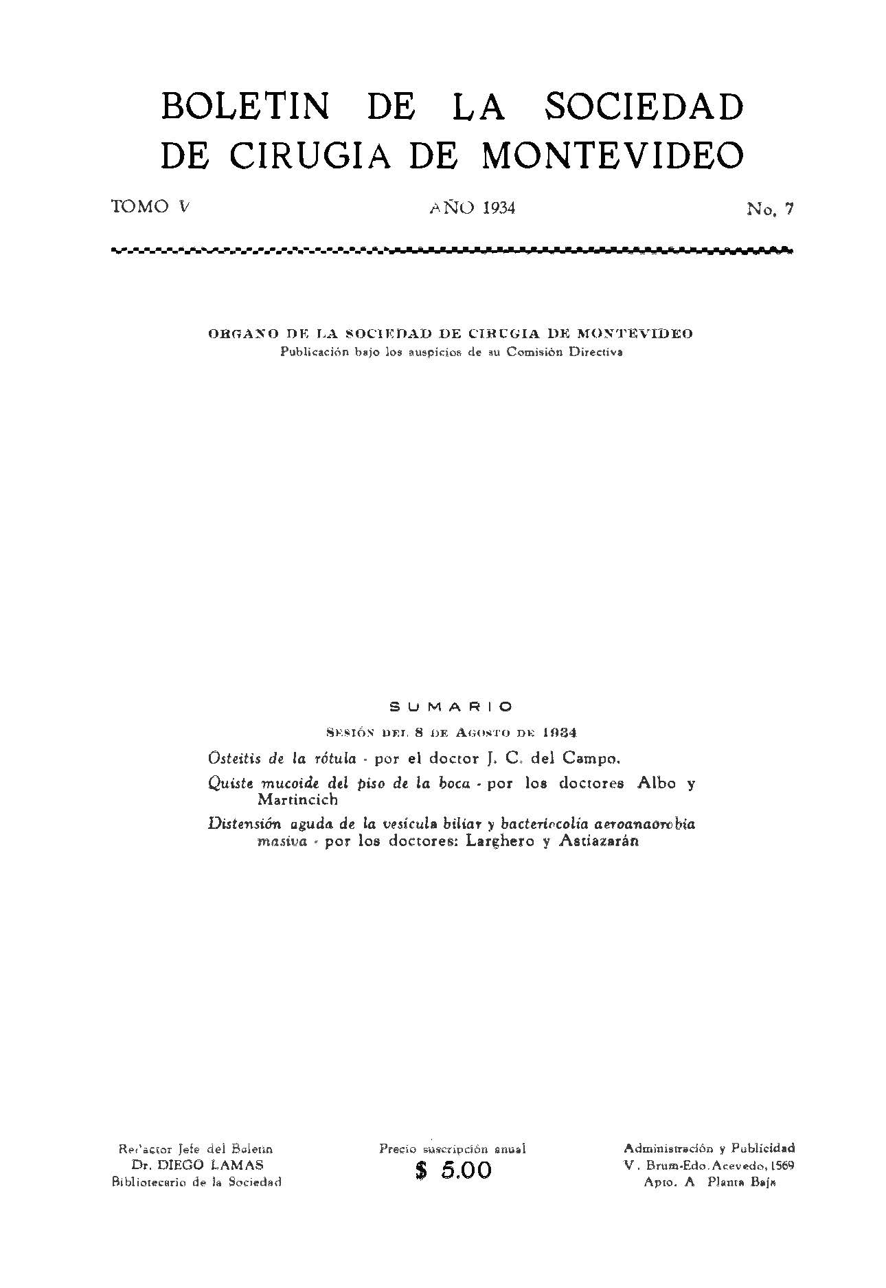 					View Vol. 5 No. 7 (1934): Revista Cirugía del Uruguay
				