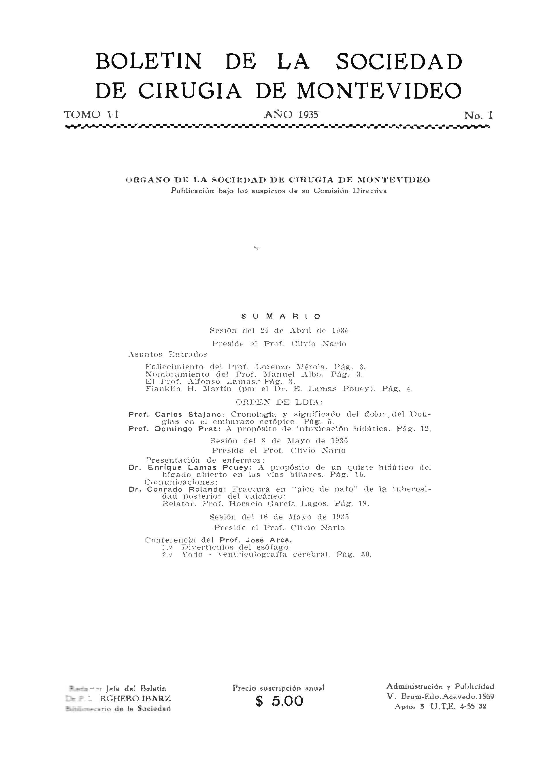 					View Vol. 6 No. 1 (1935): Revista Cirugía del Uruguay
				