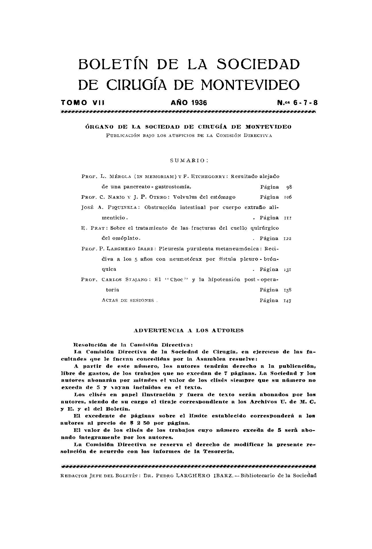 					View Vol. 7 No. 6-7-8 (1936): Revista Cirugía del Uruguay
				